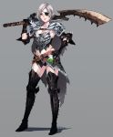  1girl belt black_gloves breasts cleavage eyepatch full_body fur_trim gloves greaves grey_hair hand_on_hip highres holding holding_sword holding_weapon kagetomo_midori looking_at_viewer monster_hunter monster_hunter:_world over_shoulder pink_eyes pointy_ears short_hair solo sword weapon weapon_over_shoulder 