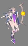 1girl absurdres bangs breasts closed_mouth commentary covered_navel elbow_gloves eyebrows_behind_hair full_body gloves grey_background grey_hair groin headgear highres long_hair looking_at_viewer machinery mecha_musume nagisa_kurousagi orb purple_eyes purple_legwear r-type rx-10_albatross sidelocks simple_background small_breasts solo standing standing_on_one_leg thighhighs twintails white_gloves white_legwear 