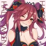  1girl bare_shoulders black_choker blush breasts choker cleavage commentary dragalia_lost dragon dragon_girl dragon_horns fang fou_zi fur_choker halloween halloween_costume head_tilt heart horns large_breasts md5_mismatch mym_(dragalia_lost) one_eye_closed open_mouth orange_eyes red_hair reversed skin_fang smile solo tiara twintails upper_body 