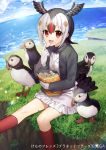  1girl :d animal atlantic_puffin_(kemono_friends) bird black_hair black_jacket black_wings blue_sky brown_hair cloud cloudy_sky commentary_request day feathered_wings food food_on_face frilled_skirt frills gambe gloves head_wings highres holding holding_food horizon jacket japari_chips kemono_friends kneehighs long_sleeves multicolored_hair namesake ocean open_clothes open_jacket open_mouth outdoors red_eyes red_hair red_legwear shirt skirt sky smile solo sweater_vest translation_request water watermark white_gloves white_hair white_shirt white_skirt wings 