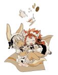  animal_ears closed_eyes cup falling furry highres kawasemi27 made_in_abyss maid mitty_(made_in_abyss) mitty_(made_in_abyss)_(furry) nanachi_(made_in_abyss) red_hair tail teacup teapot white_background white_hair yellow_eyes 