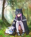  1girl ass black_cape black_capelet black_gloves black_leotard boots cape capelet collar fate/grand_order fate_(series) forest fou_(fate/grand_order) gloves hood leotard long_hair medusa_(lancer)_(fate) nature outdoors petting picolette_xiii purple_eyes purple_hair rider sitting smile thigh_strap thighhighs tree_stump white_legwear 