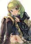  1girl boots bow censored echigoya_takeru fire_emblem fire_emblem:_three_houses flayn_(fire_emblem) garreg_mach_monastery_uniform green_eyes green_hair hair_ornament highres knee_boots knees_up long_hair long_sleeves mosaic_censoring open_mouth pussy simple_background sitting solo uniform white_background yellow_bow 