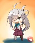  1girl ahoge aqua_bow aqua_neckwear artist_name asashimo_(kantai_collection) blush bow bowtie grey_eyes hair_over_one_eye highres kantai_collection long_hair pleated_skirt purple_skirt purple_vest remodel_(kantai_collection) sharp_teeth silver_hair skirt solo taisa_(kari) teeth thighhighs vest 