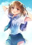  1girl :d arms_up backpack bag blue_skirt blush brown_eyes brown_hair buttons cloud collared_shirt cowboy_shot highres looking_at_viewer medium_hair nanahamu necktie open_mouth original school_uniform shirt skirt sky smile solo 