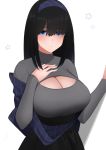  1girl bangs black_hair black_skirt blue_eyes blush breasts cleavage cleavage_cutout grey_sweater hairband hand_on_own_chest high-waist_skirt highres idolmaster idolmaster_cinderella_girls large_breasts long_hair long_sleeves looking_at_viewer meme_attire open-chest_sweater sagisawa_fumika senju_(snz0) shawl simple_background skirt solo star sweater white_background 