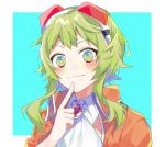 1girl :3 amulet blush closed_mouth commentary finger_to_chin flower_in_eye goggles goggles_on_head green_eyes green_hair gumi highres index_finger_raised jacket kaname_monika looking_at_viewer neckerchief orange_jacket red_goggles shirt short_hair short_hair_with_long_locks smile symbol_in_eye upper_body vocaloid white_shirt 
