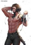  1boy abs absurdres arm_up au_ra bandaged_hands bandages biceps black_horns black_pants brown_hair chest collarbone copyright_name cowboy_shot dragon_horns dragon_tail final_fantasy final_fantasy_xiv hair_ribbon hajun_(hey_sangha) hand_up highres horns huge_filesize lips long_hair looking_at_viewer male_focus muscle navel nipples pants parted_lips pectorals ponytail red_eyes ribbon scales shirtless smile stomach sweat tail twitter_username watermark web_address 