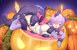  1girl animal_ears breasts commentary_request cosplay dangerous_beast elbow_gloves fate/grand_order fate_(series) fur_trim gloves hair_over_one_eye halloween_costume large_breasts looking_at_viewer lying mash_kyrielight open_mouth pumpkin purple_eyes purple_gloves purple_legwear revealing_clothes short_hair skyrail smile solo tail thighhighs wolf_ears wolf_tail 