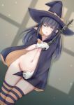  1girl asashio_(kantai_collection) black_cloak black_hair black_legwear blue_eyes cloak collarbone commentary_request covering covering_breasts covering_crotch cowboy_shot flat_chest gloves halloween halloween_costume hat highres holding holding_wand kantai_collection koru_pera long_hair multicolored multicolored_cloak multicolored_clothes multicolored_legwear naked_cloak navel orange_cloak orange_legwear solo standing striped striped_legwear thighhighs wand white_gloves witch_hat 