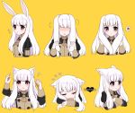  1girl animal_ears blush bunny_ears cat_ears closed_eyes closed_mouth crossed_arms fire_emblem fire_emblem:_three_houses garreg_mach_monastery_uniform long_hair long_sleeves lysithea_von_ordelia multiple_views open_mouth pink_eyes plushcharm simple_background sleeping twitter_username uniform upper_body white_hair yellow_background 