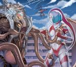  1boy 1girl absurdres blue_sky breasts brown_hair building cloud from_side giantess highres holding looking_at_another monster navel no_pupils orange_sclera short_hair sky small_breasts tentacles tokusatsu ultra_series yewang19 