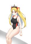  1girl absurdres alternate_costume arms_at_sides bangs bare_arms bare_shoulders black_swimsuit blonde_hair blush breasts cameltoe collarbone commentary competition_swimsuit covered_navel embarrassed ereshkigal_(fate/grand_order) eyebrows_visible_through_hair fate/grand_order fate_(series) feet_out_of_frame food_in_mouth from_above from_side groin hair_ribbon highleg highleg_swimsuit highres legs_together long_hair looking_at_viewer medium_breasts mouth_hold one-piece_swimsuit parted_bangs popped_collar raised_eyebrows red_eyes red_ribbon ribbon sang4521 sideboob simple_background sitting skin_tight solo straight_hair swimsuit taut_clothes taut_swimsuit thighs tiara two_side_up very_long_hair white_background 