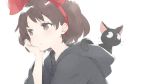  1girl animal arm_support bangs black_cat black_robe blush bow brown_eyes brown_hair cat closed_mouth commentary eyebrows_visible_through_hair hair_bow hairband hand_up hood hood_down hooded_robe jiji_(majo_no_takkyuubin) kiki long_sleeves looking_away majo_no_takkyuubin peko red_bow red_hairband short_hair simple_background upper_body white_background wide_sleeves 