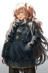  1girl :d alternate_costume bag baggy_clothes bangs brown_hair cowboy_shot girls_frontline gradient gradient_background grey_jacket grey_skirt hair_between_eyes hand_in_pocket hand_up jacket long_hair one_side_up open_mouth pantyhose pleated_skirt shoulder_bag sidelocks silence_girl simple_background skirt sleeves_past_wrists smile thigh_strap ump45_(girls_frontline) very_long_hair wavy_hair yellow_eyes 