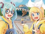  1boy 2girls aqua_eyes aqua_hair arms_up bangs blonde_hair blue_eyes bow commentary cosplay crossover day despicable_me fang forced_perspective glasses globe hair_bow hair_ornament hairclip hatsune_miku highres holding kagamine_len kagamine_rin light_blush long_hair looking_at_viewer m0ti minion_(despicable_me) minion_(despicable_me)_(cosplay) multiple_girls one_knee open_mouth outdoors short_hair smile spiked_hair suspenders swept_bangs twintails twitter_username universal_studios very_long_hair vocaloid w white_bow yellow_hoodie 