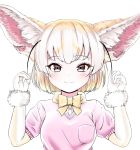  1girl absurdres akegata_tobari animal_ear_fluff animal_ears bangs black_hair blonde_hair bow bowtie breast_pocket brown_eyes buttons closed_mouth commentary_request extra_ears eyebrows_visible_through_hair fennec_(kemono_friends) fox_ears fur_trim gloves hands_up highres kemono_friends long_sleeves looking_at_viewer multicolored_hair pink_sweater pocket short_over_long_sleeves short_sleeve_sweater short_sleeves simple_background smile solo sweater upper_body white_background white_hair 