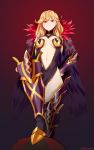  1girl artist_name black_wings blonde_hair bow braid breasts brown_eyes cape center_opening chocojax collared_cape commission faye_(fire_emblem) fire_emblem fire_emblem_echoes:_shadows_of_valentia gauntlets gradient gradient_background grin hair_bow highres leg_up long_hair midriff navel simple_background smile solo twin_braids wings 