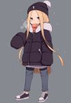  1girl abigail_williams_(fate/grand_order) alternate_costume bangs beanie black_footwear black_headwear black_jacket blonde_hair blue_eyes blue_pants blush breath closed_mouth commentary_request fate/grand_order fate_(series) forehead full_body fur-trimmed_jacket fur_trim gamuo grey_background hat jacket long_hair long_sleeves looking_at_viewer orange_scarf pants parted_bangs scarf shoes simple_background sleeves_past_fingers sleeves_past_wrists solo standing very_long_hair 