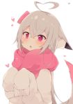  1girl ahoge animal_ears chestnut_mouth commentary ears_down fox_ears fox_tail heart heart_ahoge highres long_hair long_sleeves mugi-chan_(muuran) muuran open_mouth original paw_pose red_eyes scarf silver_hair sleeves_past_wrists solo sweater tail 