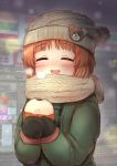  1girl absurdres bangs black_mittens blurry blurry_background blush bobblehat boko_(girls_und_panzer) breath brown_hair brown_headwear brown_scarf coat commentary depth_of_field emilio_(tetsukazu_no_ao) eyebrows_visible_through_hair facing_viewer fringe_trim girls_und_panzer green_coat highres long_sleeves mittens nishizumi_miho open_mouth outdoors scarf short_hair smile solo standing upper_body winter_clothes winter_coat 