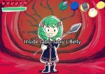  1girl book boots commentary dress drill_hair drooling english_commentary english_text fire_emblem fire_emblem:_three_houses flayn_(fire_emblem) green_hair heads-up_display health_bar heart inside_creature polearm setz spear the_legend_of_zelda the_legend_of_zelda:_ocarina_of_time twin_drills weapon 