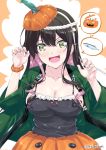  1girl alternate_costume bangs black_hair blush breasts candy claw_pose commentary_request cosplay cowboy_shot eyebrows_visible_through_hair fang fish food green_eyes hairband halloween halloween_costume jack-o&#039;-lantern jacket kantai_collection large_breasts libeccio_(kantai_collection) libeccio_(kantai_collection)_(cosplay) long_hair looking_at_viewer mikage_takashi multicolored_hair naganami_(kantai_collection) open_mouth pink_hair pumpkin pumpkin_hat pumpkin_pants scrunchie simple_background smile solo trick_or_treat two-tone_hair white_hairband wrist_scrunchie 