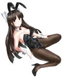  1girl animal_ears black_footwear black_hair black_legwear blush breasts bunny_ears bunny_girl bunnysuit commentary_request eyebrows_visible_through_hair full_body hair_ribbon highres hiyou_(kantai_collection) kantai_collection large_breasts long_hair minase_(takaoka_nanase) pantyhose partial_commentary red_eyes ribbon shoes simple_background smile solo white_background 
