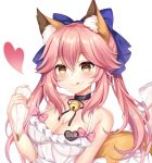  1girl :q animal_ear_fluff animal_ears apron bangs bare_shoulders bell bell_choker black_choker black_ribbon blue_bow blush bow breasts brown_eyes choker chuor_(chuochuoi) cleavage closed_mouth commentary_request eyebrows_visible_through_hair fate/extra fate_(series) food food_on_face fox_ears hair_between_eyes hair_bow hand_up heart holding jingle_bell large_breasts long_hair looking_at_viewer naked_apron pastry_bag pink_bow pink_hair ribbon sidelocks simple_background smile solo tamamo_(fate)_(all) tamamo_no_mae_(fate) tongue tongue_out twintails upper_body white_apron white_background 
