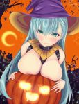  1girl aqua_hair bangs between_breasts blush breast_rest breasts choker closed_mouth green_eyes hair_between_eyes hair_ornament hairclip hat highres jack-o&#039;-lantern kantai_collection large_breasts long_hair looking_at_viewer nipples purple_headwear revealing_clothes sidelocks smile solo spekkio36 suzuya_(kantai_collection) topless witch_hat 