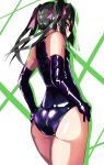  1girl ass bangs black_gloves black_hair black_leotard blunt_bangs blush breasts closed_mouth commentary_request covered_nipples dokkanohukukaityou elbow_gloves from_behind gloves hands_on_hips highres legs_together leotard long_hair looking_at_viewer looking_back pink_eyes senki_zesshou_symphogear shiny shiny_clothes shiny_hair shiny_skin simple_background skin_tight small_breasts solo standing tsukuyomi_shirabe twintails white_background 