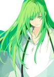  androgynous closed_mouth collarbone enkidu_(fate/strange_fake) eyebrows_visible_through_hair fate/strange_fake fate_(series) green_eyes green_hair highres long_hair robe simple_background smile solo white_background white_robe yumitoriaoi 