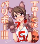  1girl animal_ears bangs blush brown_eyes brown_hair claw_pose commentary cropped_torso dated eyebrows_visible_through_hair fang frown fujimaru_arikui girls_und_panzer gloves jack-o&#039;-lantern_print kawanishi_shinobu looking_at_viewer open_mouth paw_gloves paws red_shirt shirt short_hair short_ponytail simple_background sleeveless sleeveless_shirt solo sportswear swept_bangs translated trick_or_treat twitter_username volleyball volleyball_uniform wolf_ears 