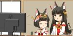  ! 2girls :3 ^_^ animal_ear_fluff animal_ears azur_lane bangs bare_shoulders black_hair blush brown_eyes closed_eyes closed_mouth collarbone commentary_request cup detached_sleeves dress eighth_note eyebrows_visible_through_hair flat_screen_tv fox_ears fox_girl fox_tail hair_ornament headpiece japanese_clothes kimono long_hair long_sleeves miicha multiple_girls musical_note mutsu_(azur_lane) nagato_(azur_lane) open_mouth pleated_dress red_dress sleeveless sleeveless_kimono strapless strapless_dress tail television twitter_username very_long_hair white_kimono white_sleeves wide_sleeves yunomi 