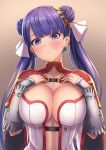  1girl bangs blue_eyes blunt_bangs blush breasts center_opening cleavage closed_mouth double_bun dress earrings fate/grand_order fate_(series) gauntlets gradient gradient_background hair_ribbon hands_on_own_chest jewelry kanki_(kibunhasaikou) large_breasts long_hair looking_at_viewer parted_lips ribbon saint_martha solo straight_hair twintails white_dress white_ribbon 