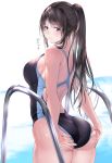  1girl ass back bangs bare_shoulders black_hair black_swimsuit blue_eyes blush breasts commentary_request gorua_(youce01) highleg highleg_swimsuit large_breasts long_hair looking_at_viewer looking_back one-piece_swimsuit original ponytail pool_ladder simple_background solo swept_bangs swimsuit wet white_background 