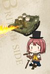  4girls armored_personnel_carrier armored_vehicle bangs blonde_hair blue_skirt blunt_bangs bob_cut brown_hair brown_jacket cane cigar commentary_request fairy_(kantai_collection) fire flamethrower ground_vehicle hat helmet holding holding_cigar holding_lighter jacket kantai_collection life_vest lighter long_sleeves military military_vehicle multiple_girls pleated_skirt red_hair short_hair skirt solid_oval_eyes top_hat tsukemon weapon 