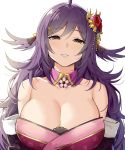  1girl ahoge azur_lane bangs bare_shoulders blush breasts cleavage collarbone eyebrows_visible_through_hair flower hair_between_eyes hair_flower hair_ornament hairclip half-closed_eyes head_tilt highres houshou_(azur_lane) japanese_clothes kimono large_breasts long_hair looking_at_viewer mole mole_under_eye off_shoulder parted_lips purple_hair red_eyes simple_background sky_(freedom) smile solo white_background 