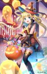  1girl :d bangs bare_shoulders blonde_hair blue_eyes blunt_bangs blush bow brown_gloves building candy candy_cane candy_wrapper commentary_request copyright_request dress elbow_gloves eyebrows_visible_through_hair food ghost gloves hair_rings halloween halloween_basket hat highres holding lollipop long_hair momoshiki_tsubaki official_art open_mouth orange_dress orange_headwear outdoors railing sleeveless sleeveless_dress smile solo swirl_lollipop twintails very_long_hair water watermark window witch_hat yellow_bow 