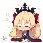  1girl :&gt; ^_^ bangs barefoot beni_shake black_legwear black_sleeves blonde_hair blue_cloak blue_dress blush bow character_doll chibi cloak closed_eyes closed_mouth commentary_request detached_sleeves doll_hug dress earrings ereshkigal_(fate/grand_order) eyebrows_visible_through_hair fate/grand_order fate_(series) floral_background fujimaru_ritsuka_(male) full_body fur-trimmed_cloak fur_trim hair_bow infinity jewelry long_hair no_shoes nose_blush parted_bangs red_bow shadow signature single_sleeve single_thighhigh thighhighs tiara two_side_up very_long_hair white_background 