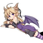  1girl ahoge bell belphe_(sennen_sensou_aigis) black_ribbon black_scrunchie blonde_hair dragon_horns dragon_wings horns long_hair looking_at_viewer low_twintails lying nemui_(nemui) on_stomach pointy_ears purple_eyes purple_legwear ribbon scrunchie sennen_sensou_aigis simple_background solo striped striped_legwear thighhighs twintails wings wrist_scrunchie 