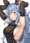  1girl animal_ears armpits arms_behind_head arms_up backless_dress backless_outfit bangs black_gloves blue_dress blue_hair blush breasts bunny_ears closed_mouth dress earrings elbow_gloves erune ferry_(granblue_fantasy) fur_collar gloves gradient granblue_fantasy hair_between_eyes highres jewelry licking long_hair looking_at_viewer sideboob simple_background small_breasts solo sweatdrop terry_(pixiv3274443) wavy_hair white_background yellow_eyes 