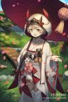  1girl :d animal artist_name bangs blush bridge bug character_request commentary day dragalia_lost dragonfly english_commentary eyebrows_behind_hair fish hentaki highres holding holding_umbrella insect japanese_clothes kimono koi long_sleeves looking_at_viewer obi open_mouth oriental_umbrella outdoors petals pond red_umbrella sash smile solo thighhighs tree uchikake umbrella water watermark web_address white_kimono white_legwear wide_sleeves 