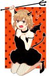  1girl absurdres angry arai_ako bangs black_choker black_dress black_footwear black_legwear black_nails blonde_hair blue_eyes blush bright_pupils choker commentary_request covering demon_horns demon_tail demon_wings dress dress_tug fang fishnet_pantyhose fishnets frown girls_und_panzer halloween_costume heart high_heels highres holding_pitchfork horns katyusha lace lace-trimmed_choker lace-trimmed_dress lace_trim looking_at_viewer nail_polish open_mouth orange_background outline outside_border pantyhose partial_commentary pitchfork polka_dot polka_dot_background short_dress short_hair solo spaghetti_strap squatting strap_slip tail white_outline white_pupils wings 