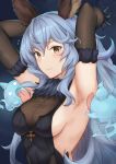  1girl animal_ears armpit_licking armpits arms_behind_head arms_up backless_dress backless_outfit bangs black_gloves blue_background blue_dress blue_hair blush breasts bunny_ears closed_mouth dress earrings elbow_gloves erune ferry_(granblue_fantasy) fur_collar ghost gloves gradient gradient_background granblue_fantasy hair_between_eyes highres jewelry licking long_hair looking_at_viewer sideboob small_breasts solo_focus sweatdrop terry_(pixiv3274443) tongue wavy_hair yellow_eyes 