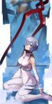  1girl 55level ayanami_rei bandaged_arm bandages bare_shoulders blue_hair bodysuit breasts commentary eva_00 hair_over_one_eye highres kneeling lance_of_longinus large_breasts looking_at_viewer neon_genesis_evangelion plugsuit red_eyes short_hair solo white_bodysuit 