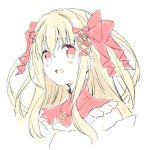  1girl :d bangs blonde_hair blush_stickers bow cropped_torso eyebrows_visible_through_hair hair_between_eyes hair_bow hair_ribbon leoria_(red_corruption) long_hair meito_(maze) open_mouth red_bow red_corruption red_eyes red_ribbon ribbon sidelocks simple_background smile solo two_side_up upper_body white_background 