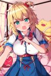  1girl akai_haato bangs blonde_hair blue_eyes blue_skirt blurry blurry_background blush breasts collared_shirt haaton_(haato_channel) hair_between_eyes hair_ornament hand_on_own_chest heart heart_hair_ornament highres hololive indoors large_breasts long_hair looking_at_viewer mi_taro333 miniskirt motion_lines nail_polish neck_ribbon nose_blush one_side_up open_mouth pig red_ribbon ribbon shirt short_sleeves skirt solo tears virtual_youtuber white_shirt 