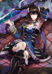  1girl absurdres black_hair blonde_hair bloodstained:_ritual_of_the_night blue_eyes breast_tattoo breasts cleavage corset couch gradient_hair highres horn_ornament imari medium_breasts miriam_(bloodstained) multicolored_hair sitting solo sword tagme tattoo weapon 