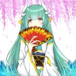  1girl bangs blue_kimono blush brown_eyes commentary dragon_horns eyebrows_visible_through_hair fan fate/grand_order fate_(series) flower folding_fan green_hair hair_between_eyes hand_up holding holding_fan horns japanese_clothes kimono kiyohime_(fate/grand_order) long_hair long_sleeves obi pink_flower rocm_(nkkf3785) sash solo twitter_username upper_body very_long_hair water waves white_background wide_sleeves wisteria 